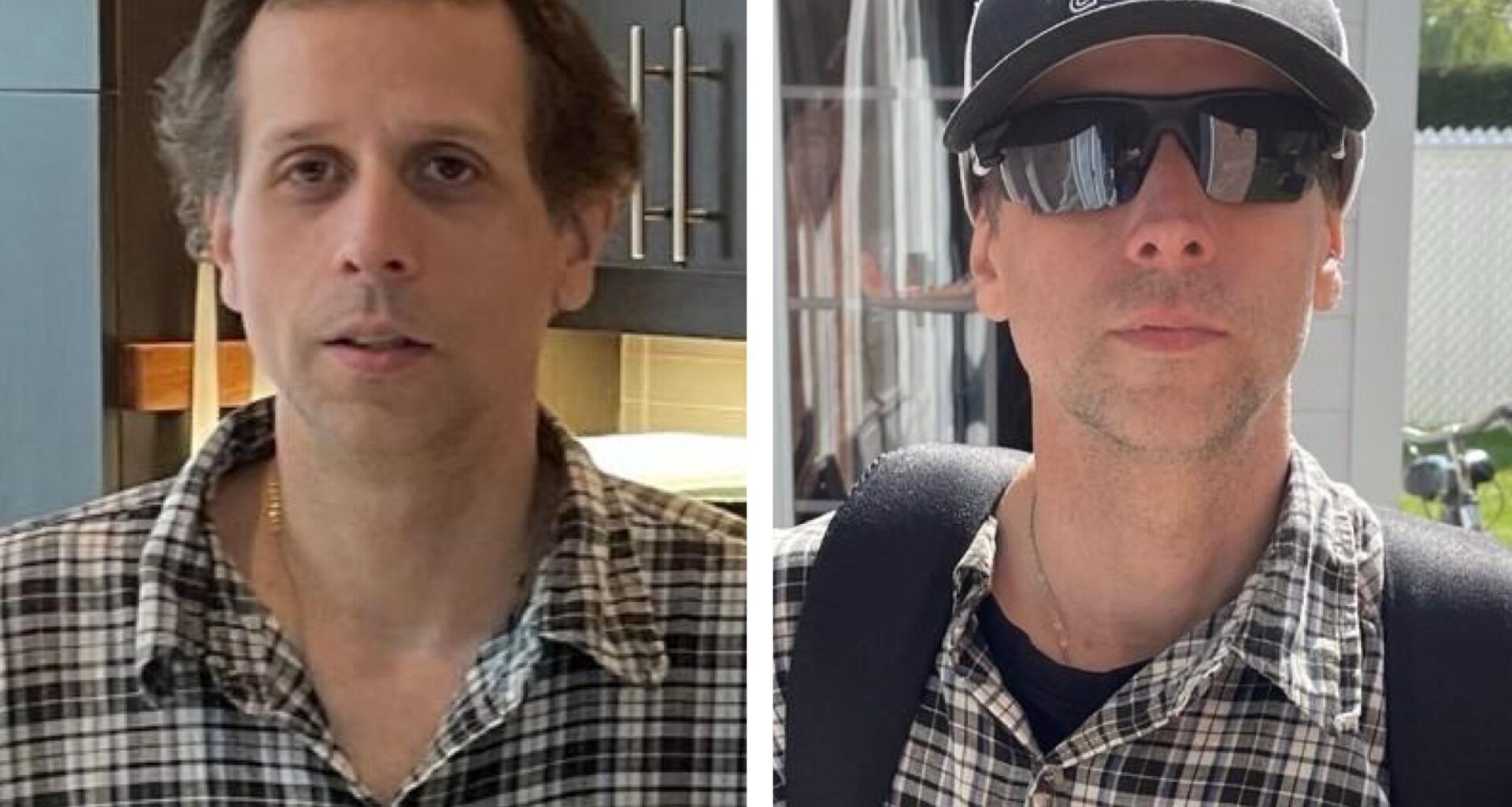 Two images of a man, one wearing sunglasses and a baseball cap.