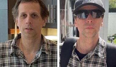 Two images of a man, one wearing sunglasses and a baseball cap.