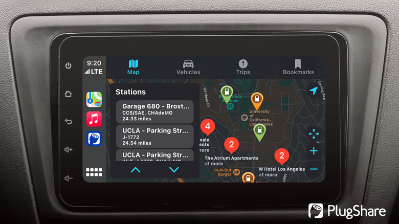 The PlugShare CarPlay app on an infotainment screen.