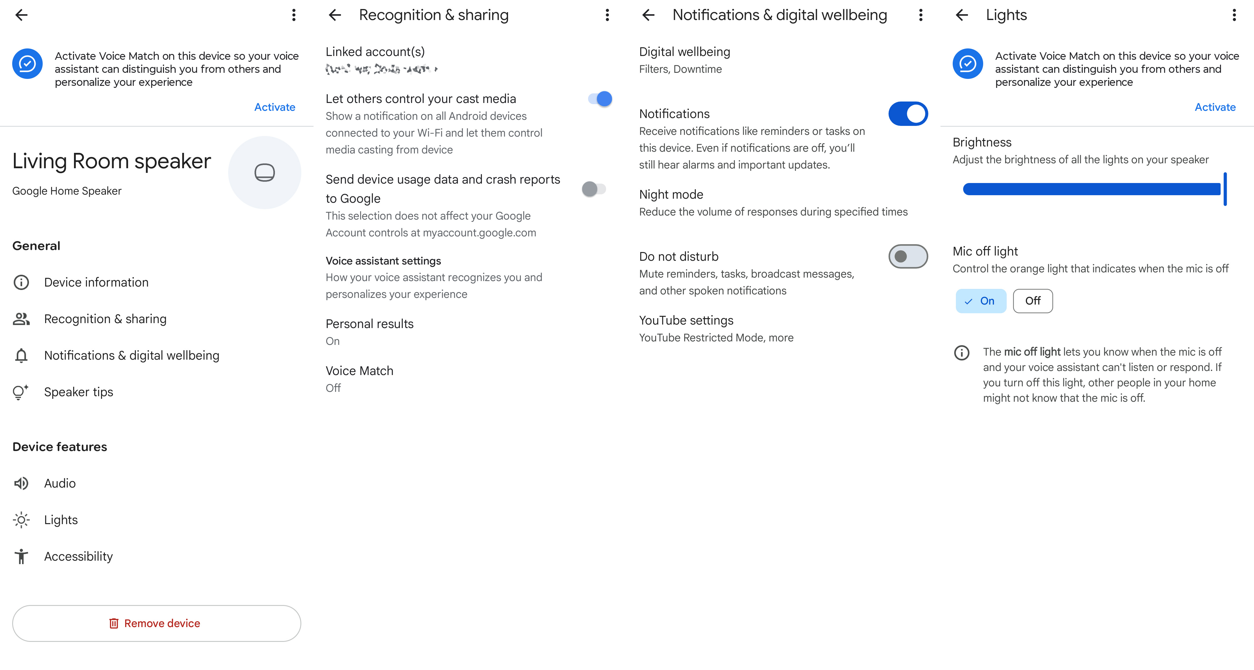 All the options available in the Google Home app for the Google Home Speaker