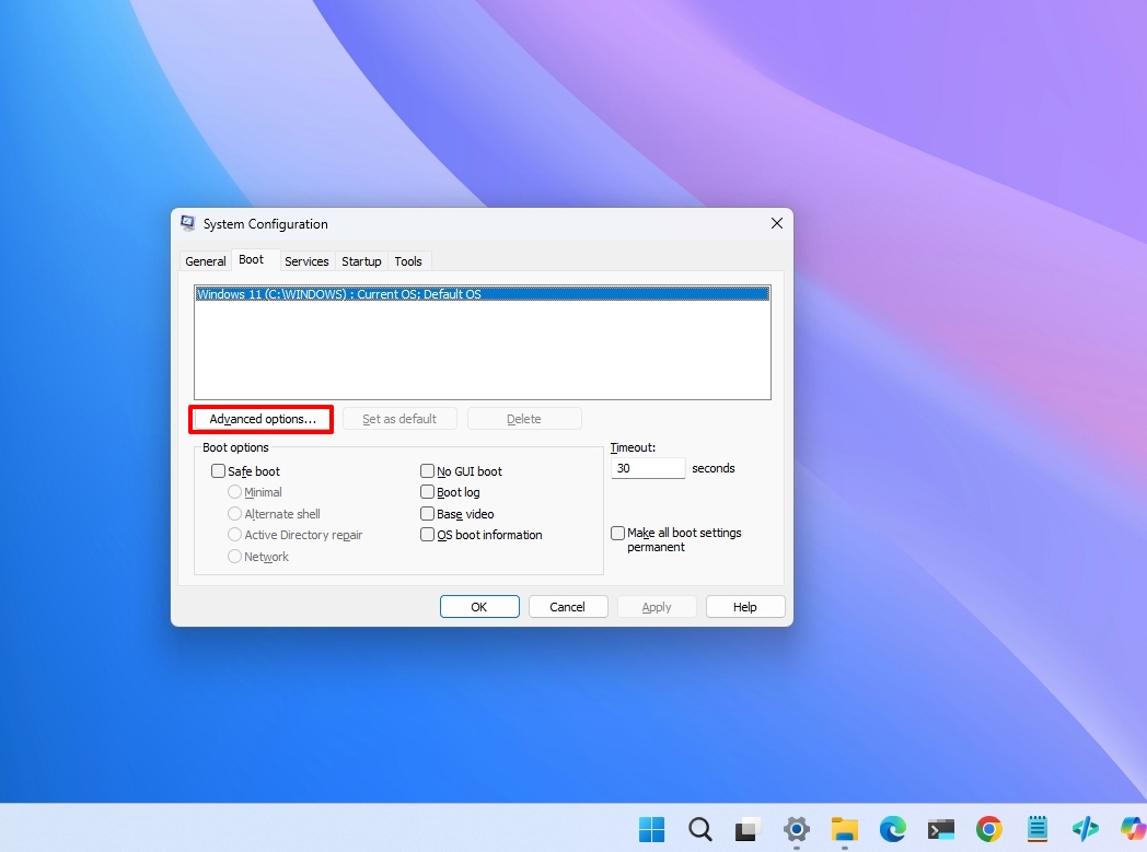 Windows 11 desktop with the msconfig opened in the Boot tab.