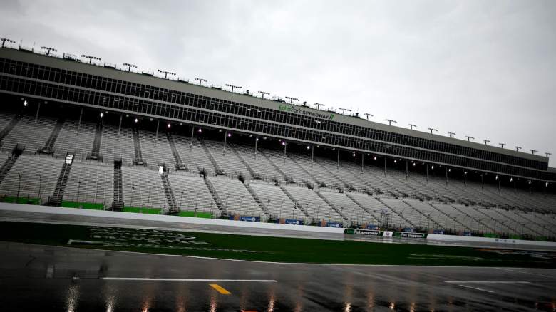 A general view of the rain-soaked track for the NASCAR Cup Series at Echo Park Speedway.