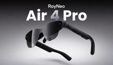 A pair of RayNeo Air 4 Pro glasses resting on a flat surface next to their carrying case.