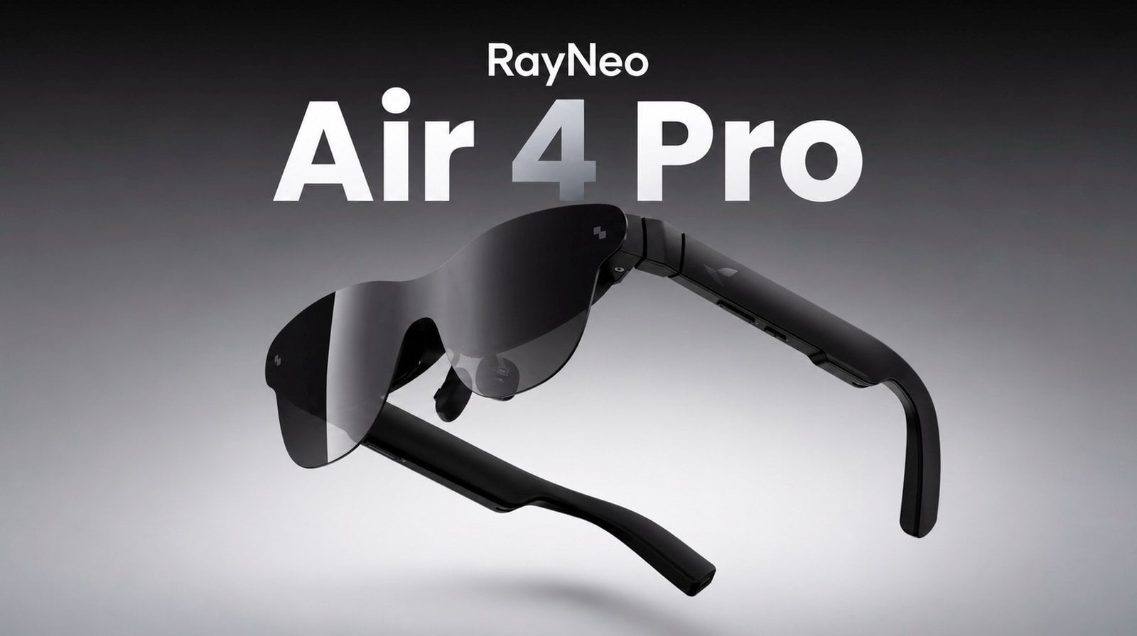 A pair of RayNeo Air 4 Pro glasses resting on a flat surface next to their carrying case.
