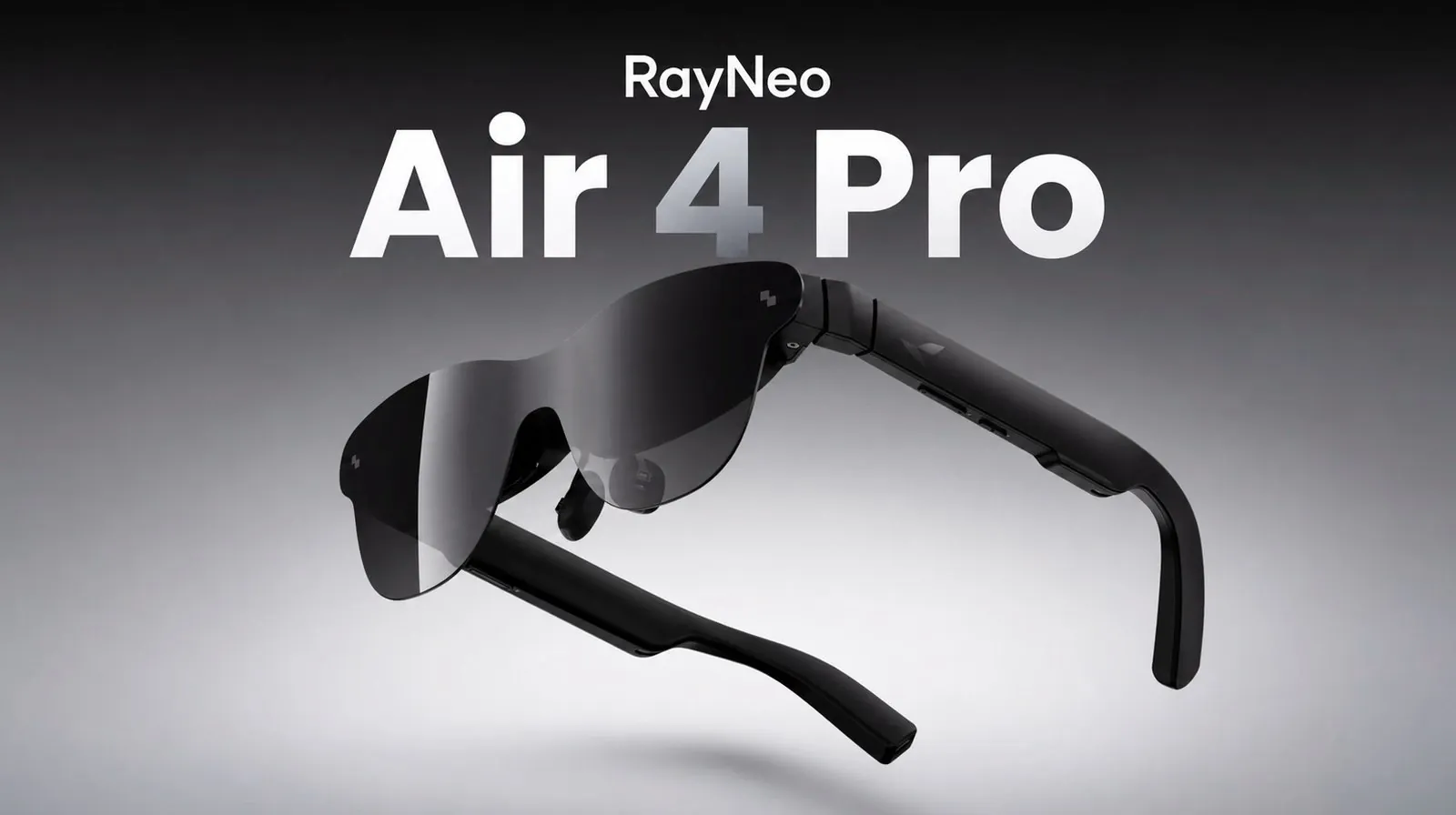 A person wearing the RayNeo Air 4 Pro glasses while holding a handheld gaming console.
