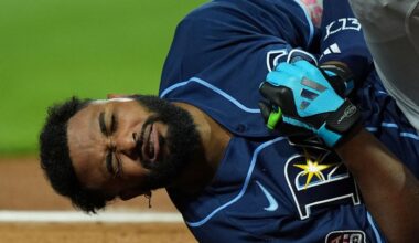 Tampa Bay Rays slugger Junior Caminero reacts after being hit by a pitch by St. Louis Cardinals' Riley O'Brien in the 3rd inning of the Major League Baseball All-Star Game on Tuesday, July 14, 2026, in Philadelphia. (AP Photo/Matt Rourke)