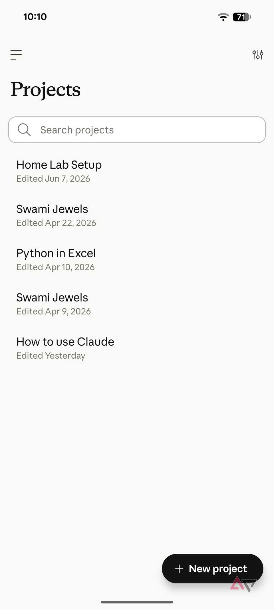 A screenshot showing projects for Claude on Android