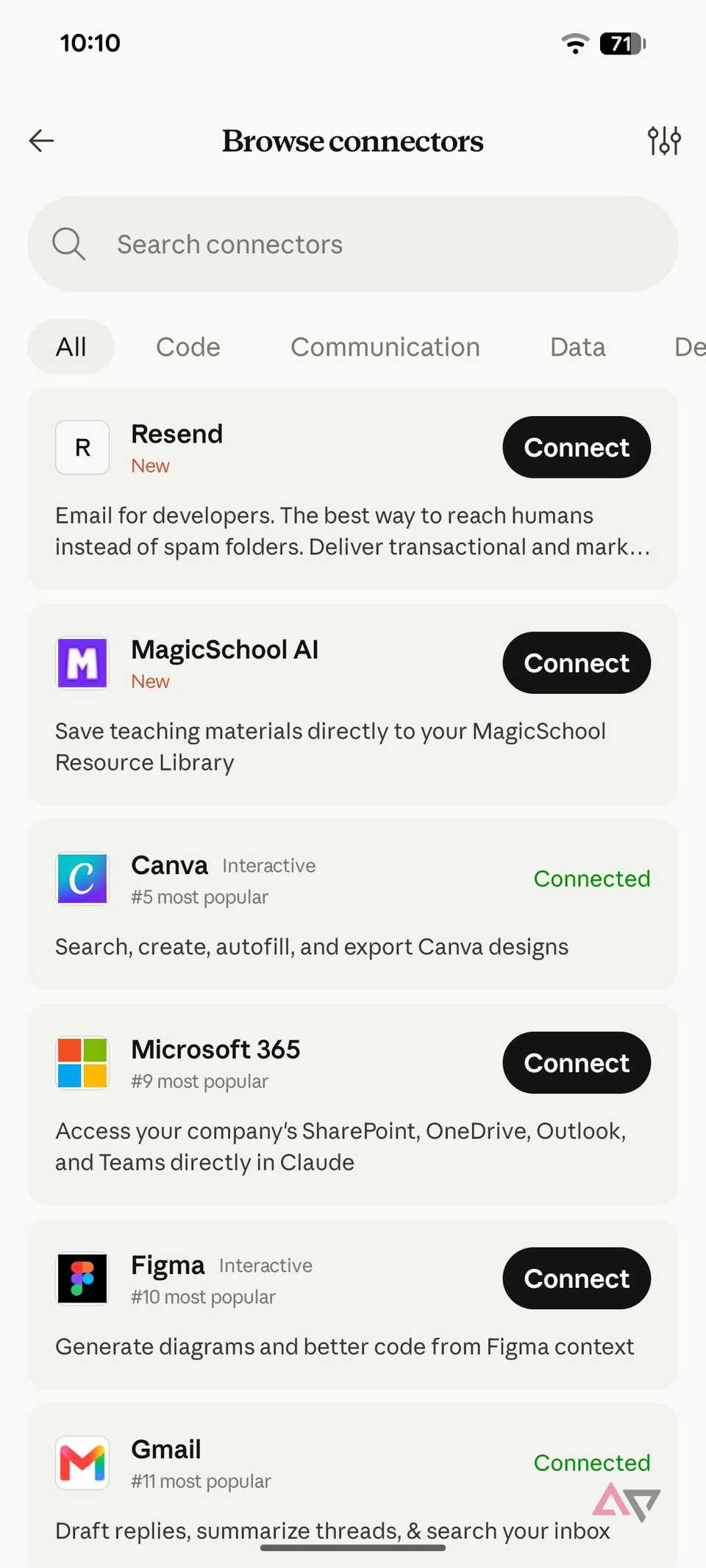 A screenshot showing apps supported for Claude