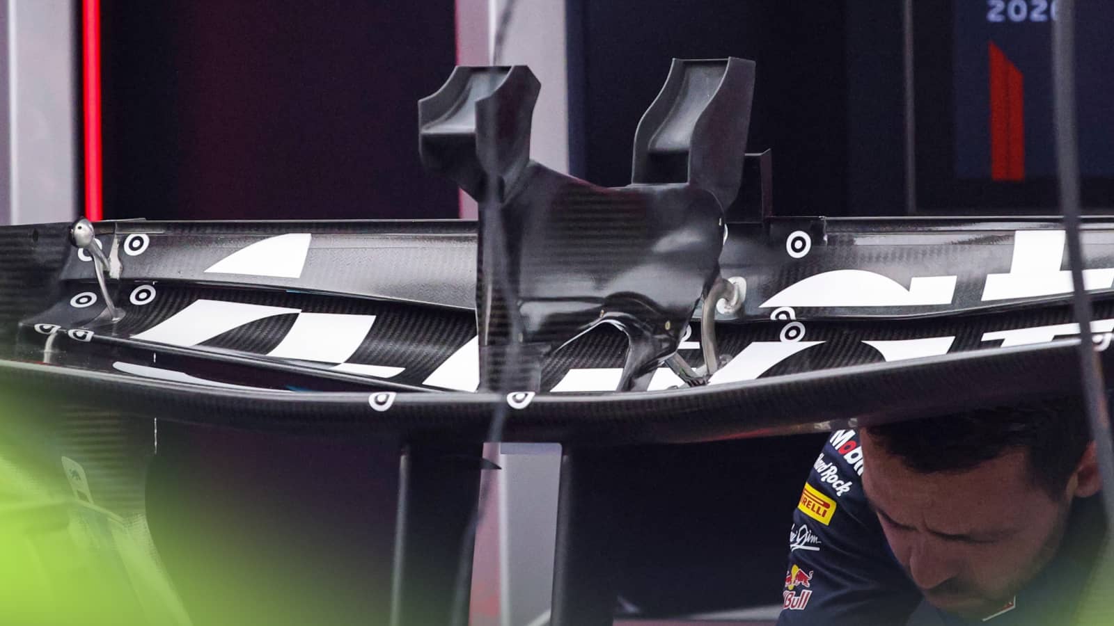 Red Bull's unusual rear wing in the garage in Monaco