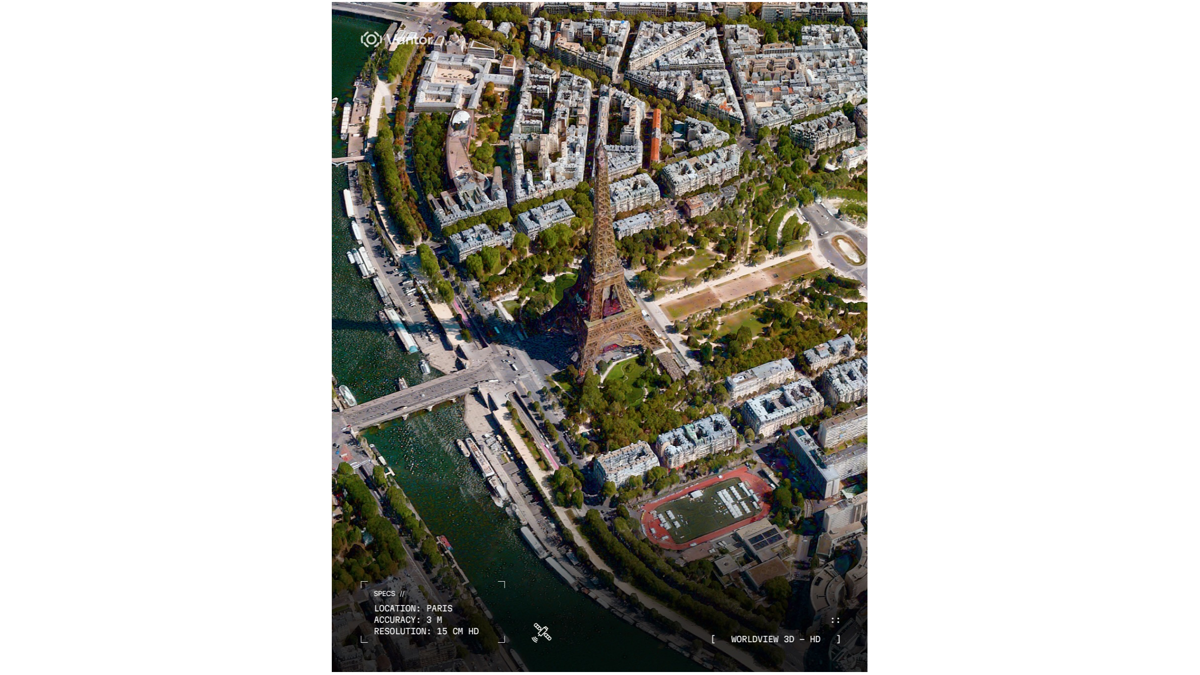 satellite photo showing the eiffel tower, with a river just to its left