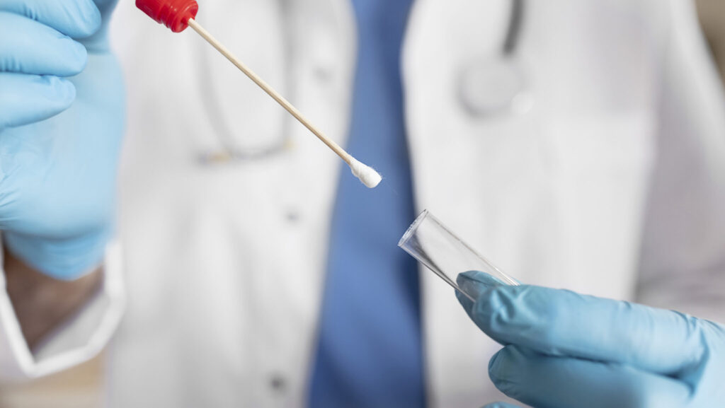 Close Up of Doctor With Swab Collection Kit. Test Tube for Taking Op Np Patient Specimen Sample, Pcr Dna Testing Protocol Process. Selective Focus on Sample.