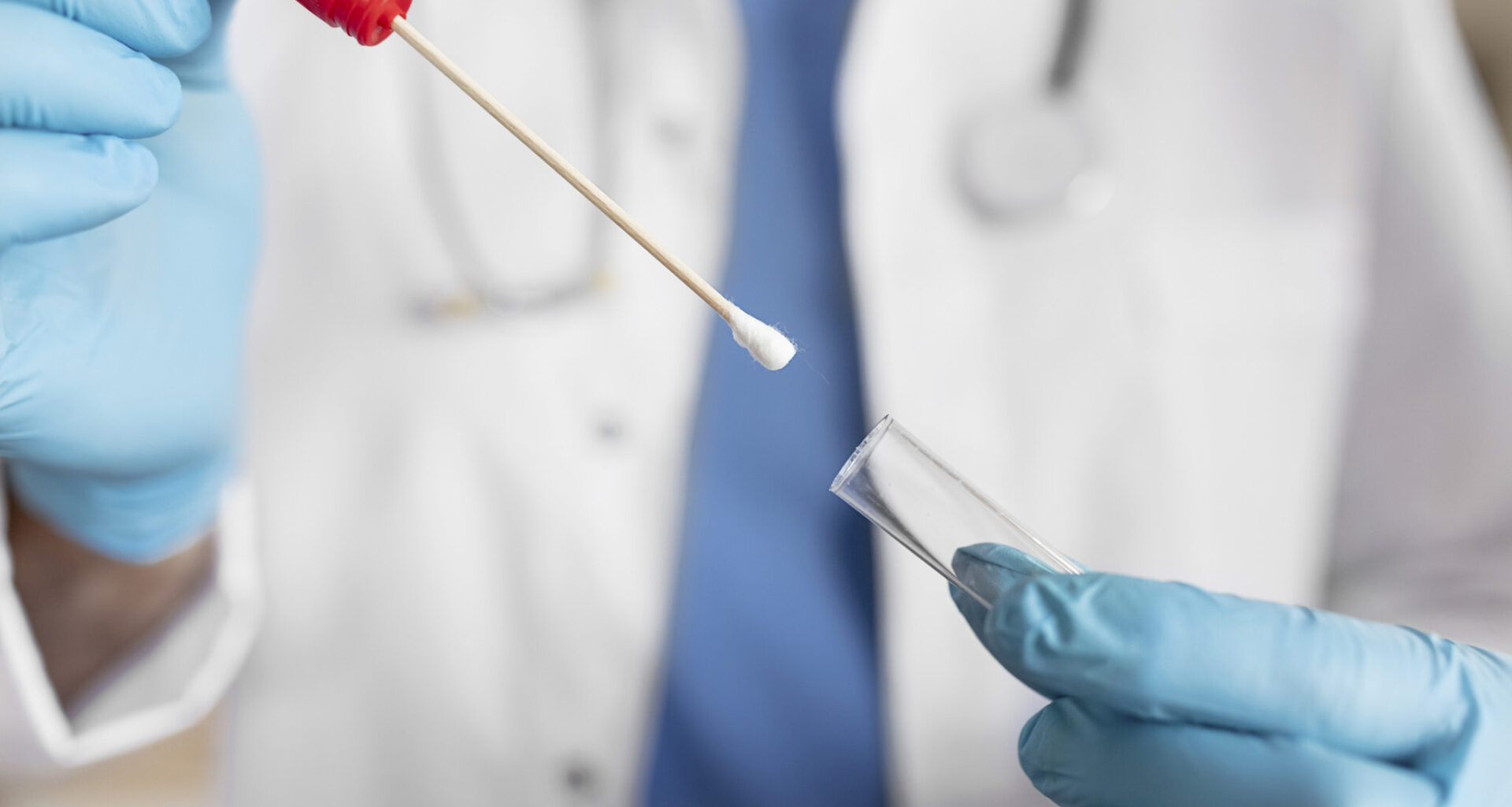 Close Up of Doctor With Swab Collection Kit. Test Tube for Taking Op Np Patient Specimen Sample, Pcr Dna Testing Protocol Process. Selective Focus on Sample.