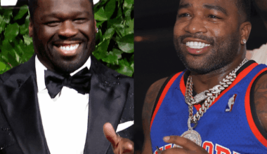 50 Cent in a tuxedo smiling, and Adrien Broner in a basketball jersey, also smiling.