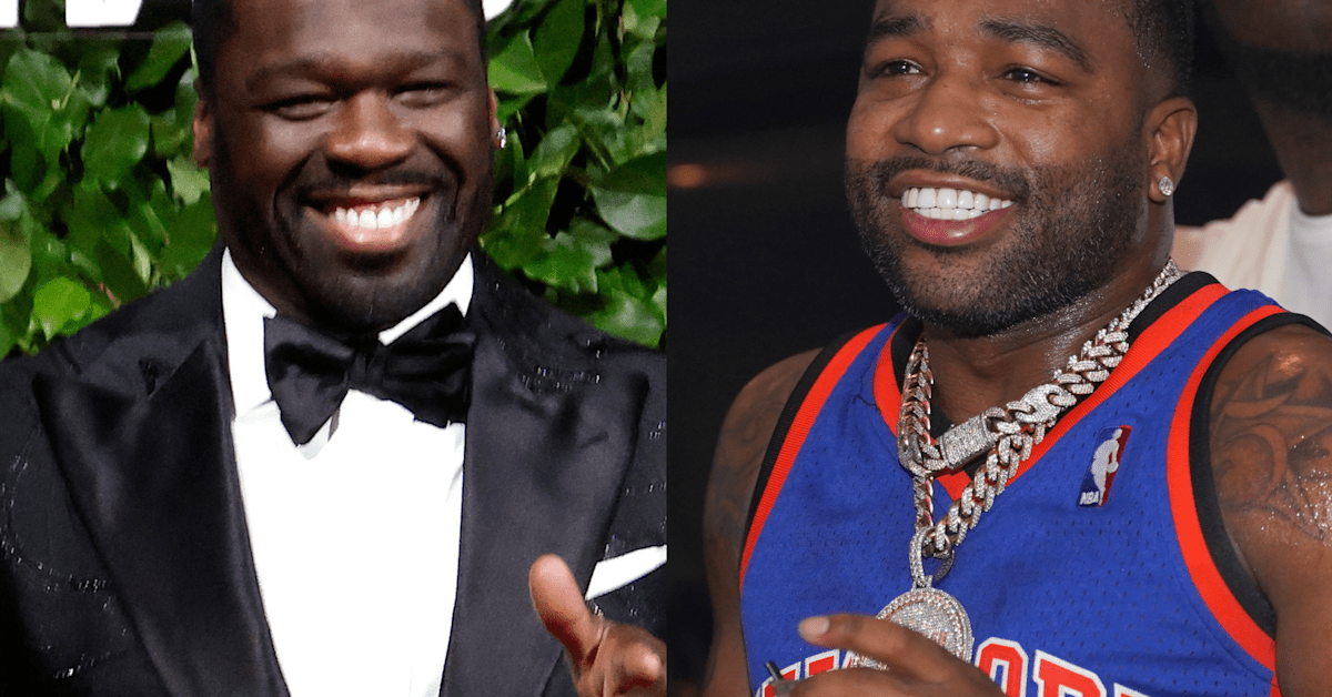 50 Cent in a tuxedo smiling, and Adrien Broner in a basketball jersey, also smiling.