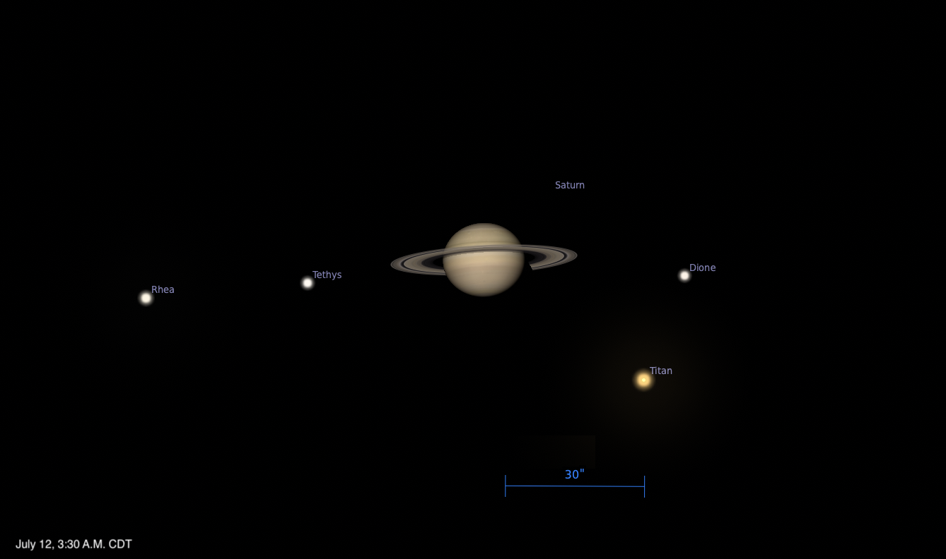 Telescopic simulation of Saturn and its moons on July 12, 2026 at 3:30 AM CDT. Saturn with its rings is centered, with moons Tethys and Rhea to the left, Dione to the right, and Titan below. A 30-arcsecond scale bar appears at the bottom center.