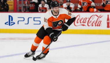 Shane Wright skates in a Philadelphia Flyers home jersey as Seattle Kraken trade rumors link the young center to Philadelphia.