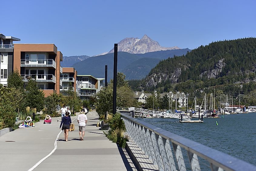 Downtown Squamish, British Columbia, beneath the Coast Mountains.