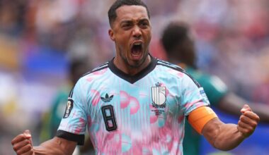 Belgium's Youri Tielemans (8) celebrates after scoring during the World Cup round of 32 soccer match between Belgium and Senegal in Seattle, Wednesday, July 1, 2026. (AP Photo/Manu Fernandez)