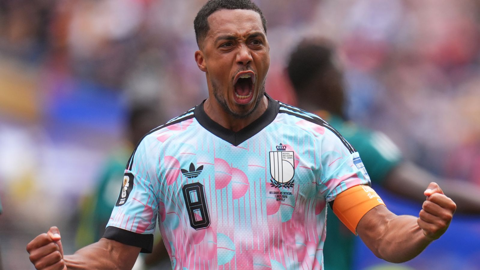Belgium's Youri Tielemans (8) celebrates after scoring during the World Cup round of 32 soccer match between Belgium and Senegal in Seattle, Wednesday, July 1, 2026. (AP Photo/Manu Fernandez)