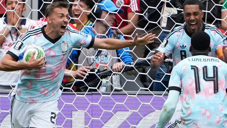 Belgium's Youri Tielemans, top right, celebrates scoring his side's 2nd goal during the World Cup round of 32 soccer match between Belgium and Senegal in Seattle, Wednesday, July 1, 2026. (AP Photo/Lindsey Wasson)