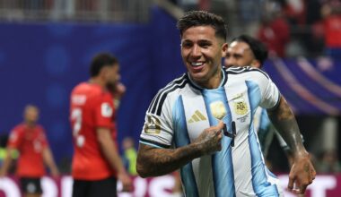 Enzo Fernandez celebrates after scoring his team's third goal during the 2026 World Cup round of 16 match between Argentina and Egypt