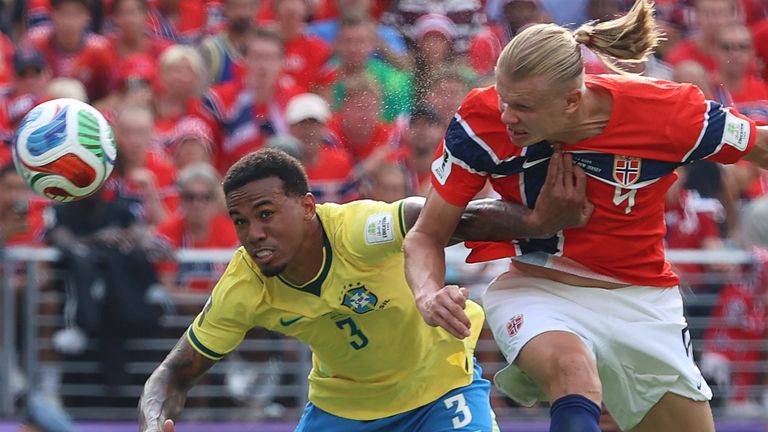 Norway's Erling Haaland scores against Brazil while defended by Gabriel Magalhaes (AP Photo/Pamela Smith)