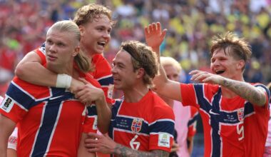 Norway's Erling Haaland celebrates with team-mates after scoring his second goal against Brazil (AP Photo/Pamela Smith)