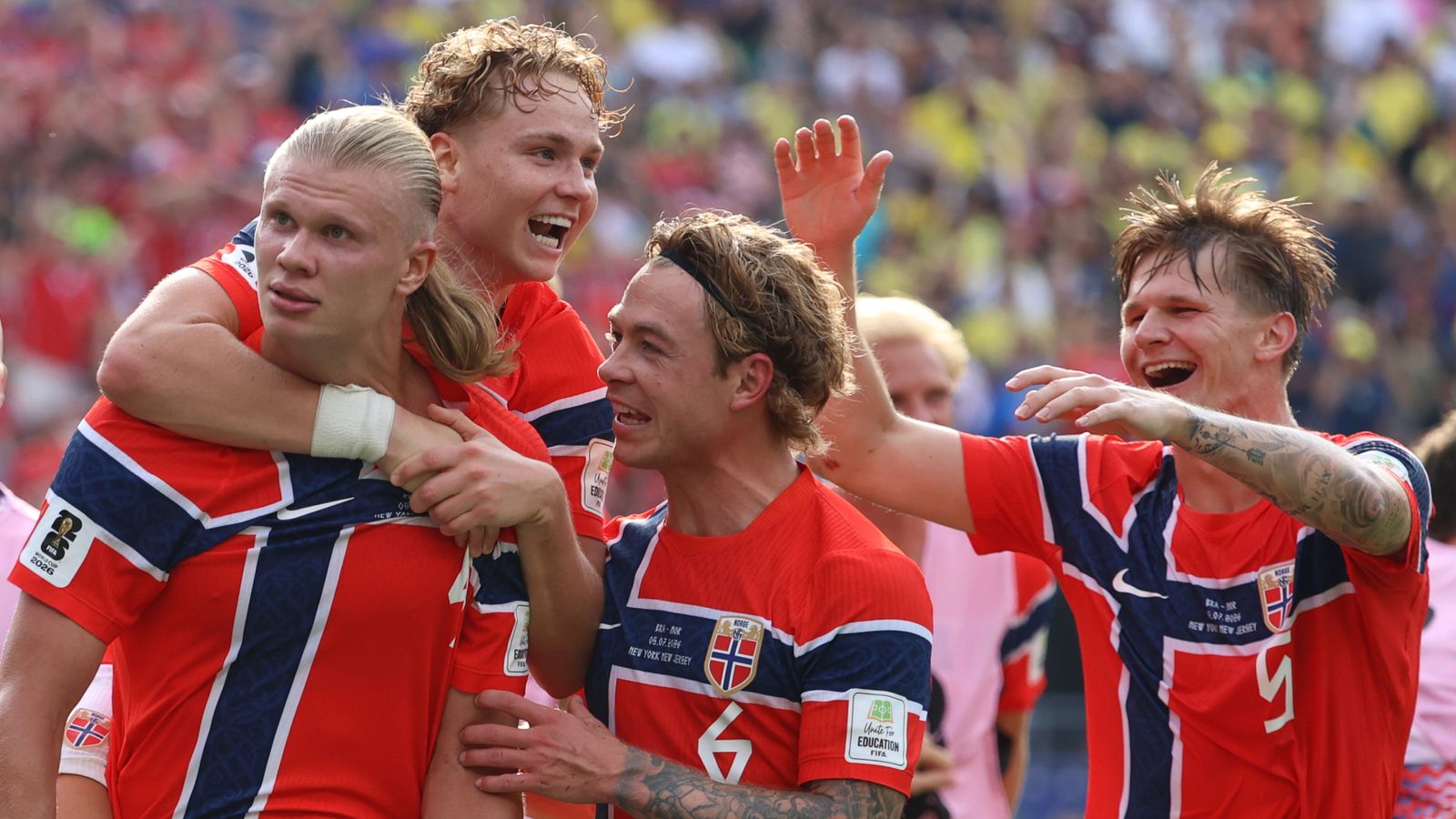 Norway's Erling Haaland celebrates with team-mates after scoring his second goal against Brazil (AP Photo/Pamela Smith)