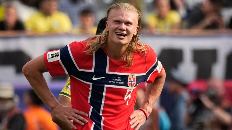 Norway's Erling Haaland reacts after scoring his second goal against Brazil (AP Photo/Seth Wenig)