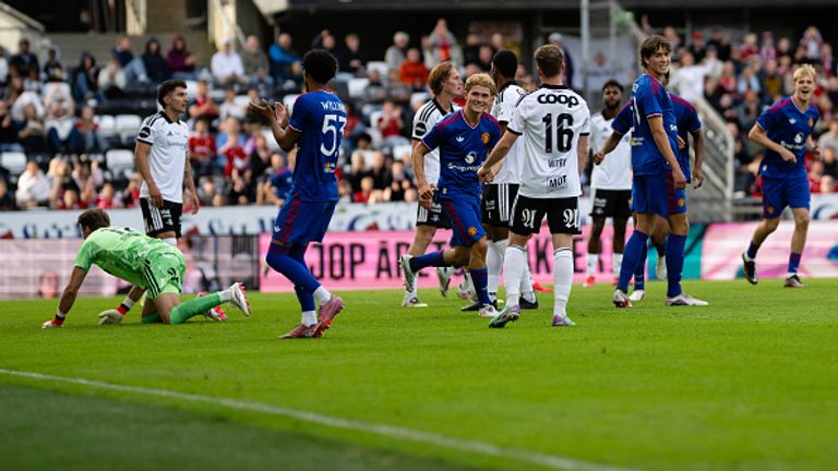 TRONDHEIM, NORWAY - JULY 24: Jacob Devaney of Manchester United celebrates scoring their third goal during the pre-season friendly match between Rosenborg and Manchester United at Lerkendal Stadion on July 24, 2026 in Trondheim, Norway. (Photo by Ash Donelon/Manchester United via Getty Images)