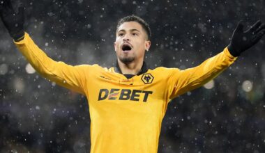 Joao Gomes celebrates his goal to put Wolves 1-0 ahead against Aston Villa
