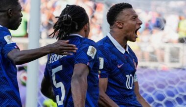 France's Kylian Mbappe celebrates after scoring his penalty