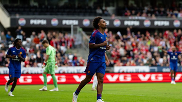 TRONDHEIM, NORWAY - JULY 24: Joshua Kirkzee of Manchester United celebrates scoring their second goal during the pre-season friendly match between Rosenborg and Manchester United at Lerkendal Stadion on July 24, 2026 in Trondheim, Norway. (Photo by Ash Donelon/Manchester United via Getty Images)