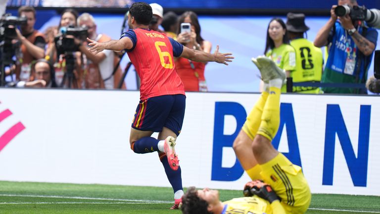 Spain's Mikel Merino (6) celebrates after scoring their second goal during the World Cup quarterfinal soccer match between Spain and Belgium in Inglewood, Calif., near Los Angeles, Friday, July 10, 2026. (AP Photo/ Jae C. Hong)