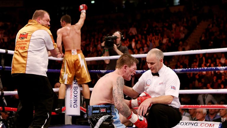 Ricky Hatton fails to get up after being knocked down by Vyacheslav Senchenko of Ukraine during their Welterweight bout at the MEN Arena