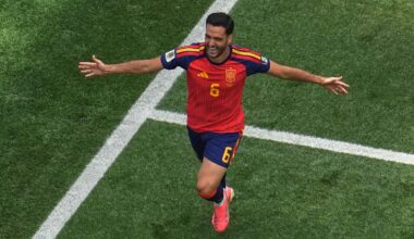 Spain's Mikel Merino (6) celebrates scoring their second goal
