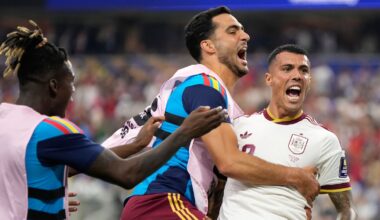Spain's Pedro Porro, right, celebrates with Mikel Merino and Nico Williams