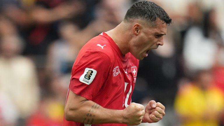 Switzerland's Granit Xhaka reacts after beating Colombia on penalties