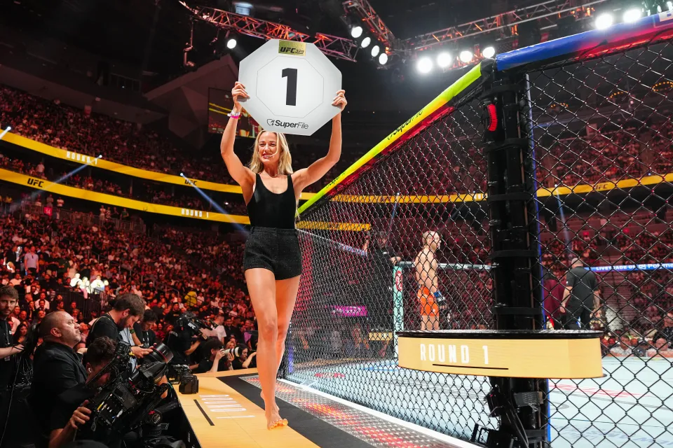 Sophie Cunningham announces a round in a lightweight fight during the UFC 329 event at T-Mobile Arena on July 11, 2026