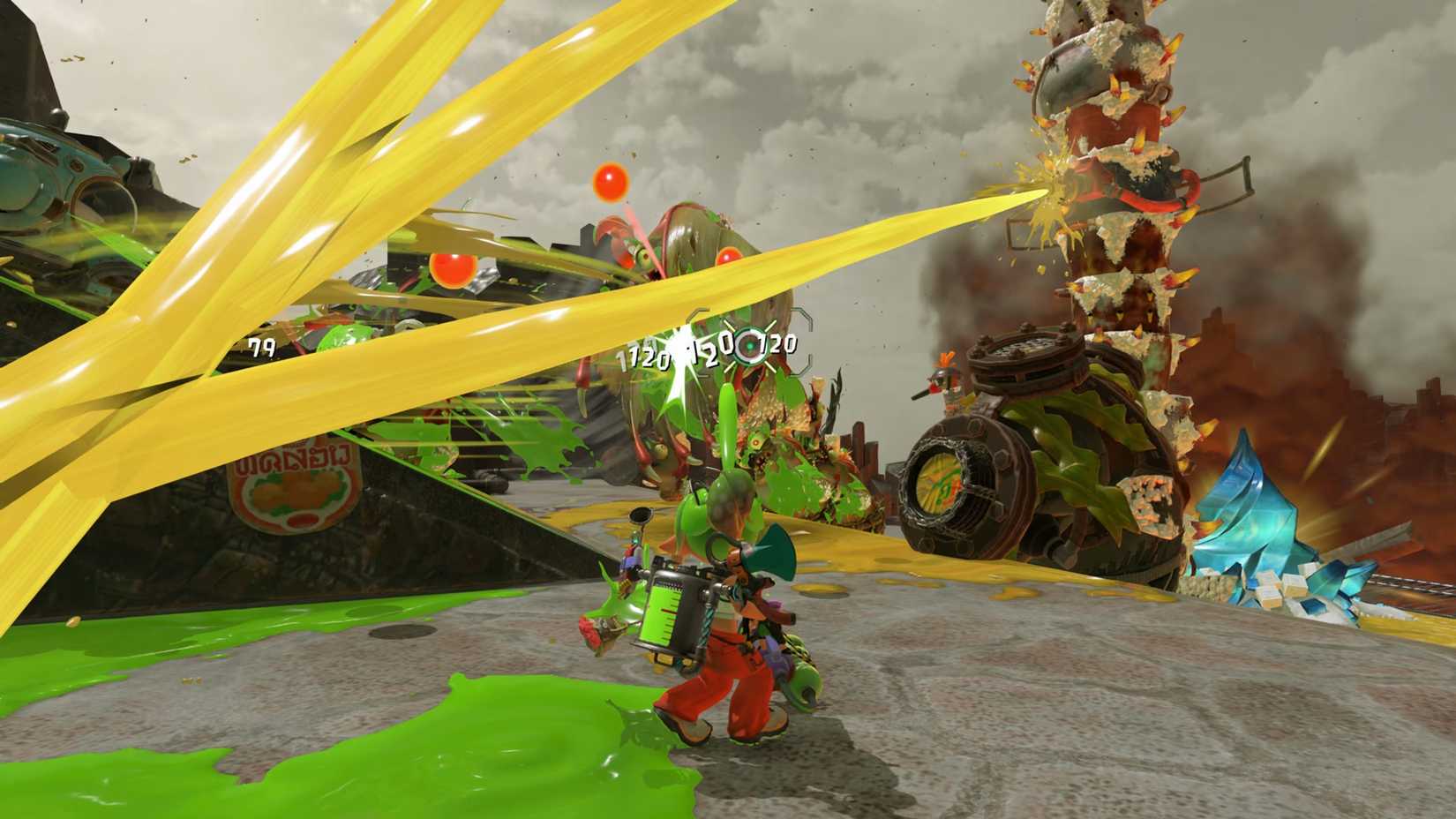 A Splatoon Raiders player covering the field with ink using gadgets and weapons