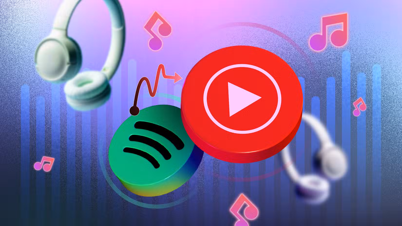 Spotify and YouTube Music floating icons with music and headphones