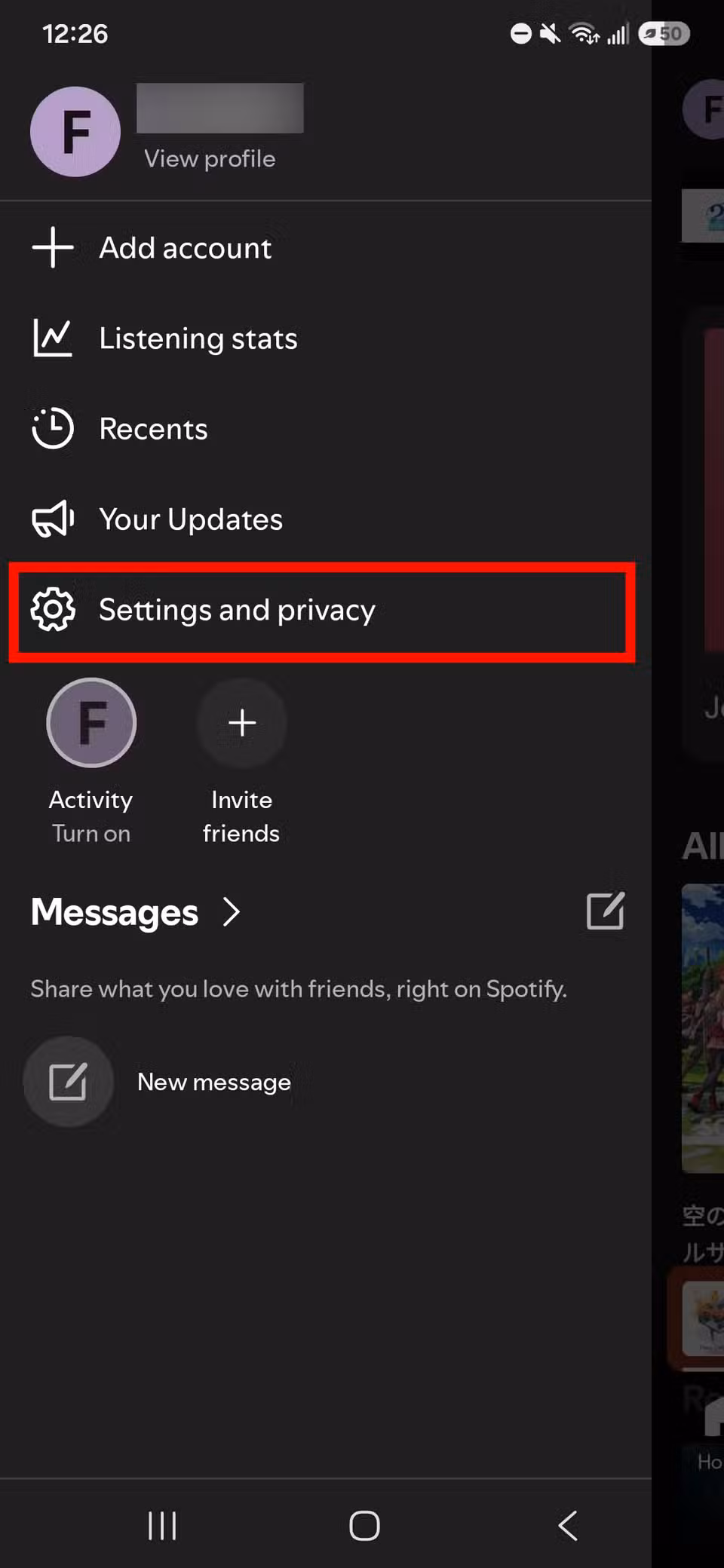 Red rectangle outline Settings and privacy on the Spotify app under profile icon