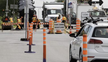 Work crews make emergency repairs on the Montreal side of the Victoria Bridge.