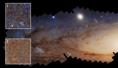 Oblique view of part of a spiral galaxy with 2 insets showing a lot of blue stars and a lot of red stars.