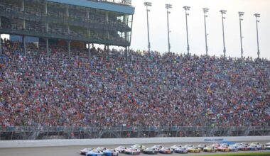 Denny Hamlin, driver of the #11 Progressive Insurance Toyota, and Kyle Larson, driver of the #5 HendrickCars.com Chevrolet, lead the field to start the NASCAR Cup Series eero 400 at Chicagoland Speedway on July 05, 2026 in Joliet, Illinois. (Photo by James Gilbert/Getty Images for NASCAR)