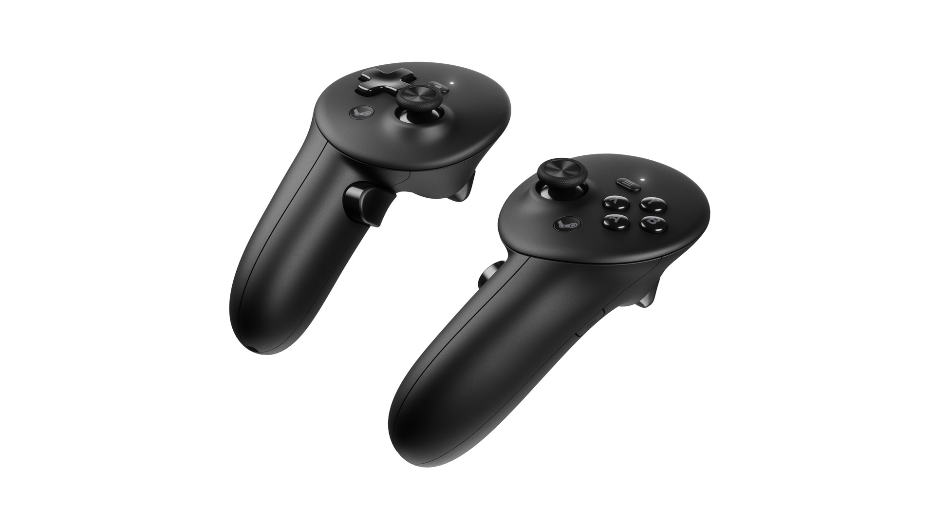 The two Steam Frame motion controllers, showing the D-pad on the left controller and the A, B, X, and Y face buttons on the right for gamepad compatibility