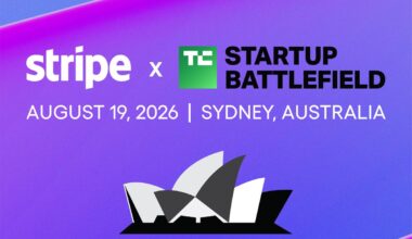 A promotional graphic for TechCrunch and Stripe's Startup Battlefield competition in Sydney, Australia August 19
