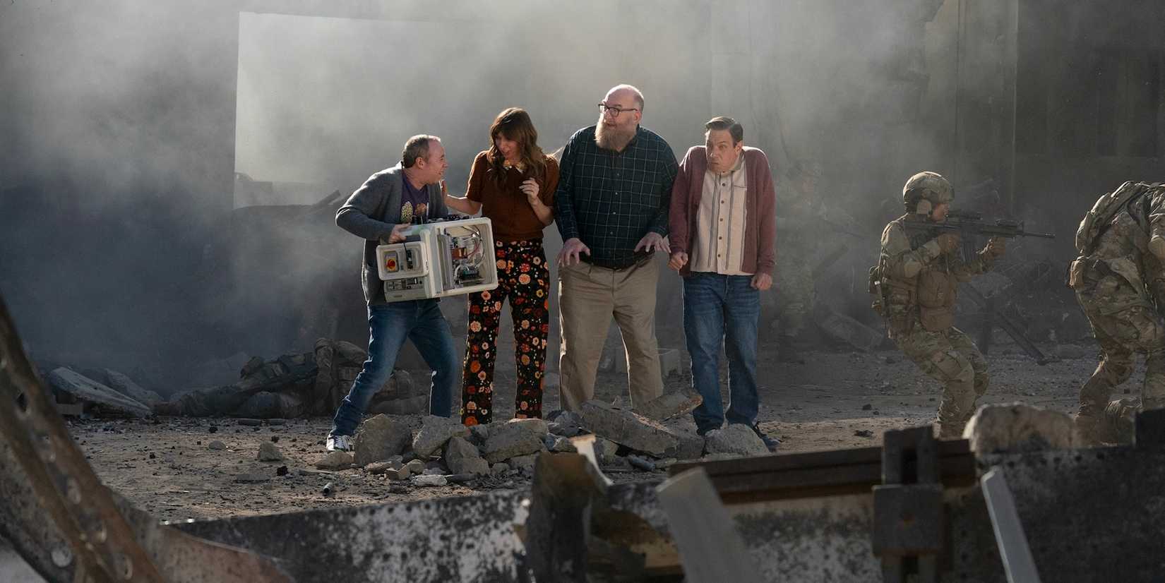 Stuart (Kevin Sussman), Denise (Lauren Lapkus), Bert (Brian Posehn) and Barry (John Ross Bowie) on Stuart Fails to Save the Universe