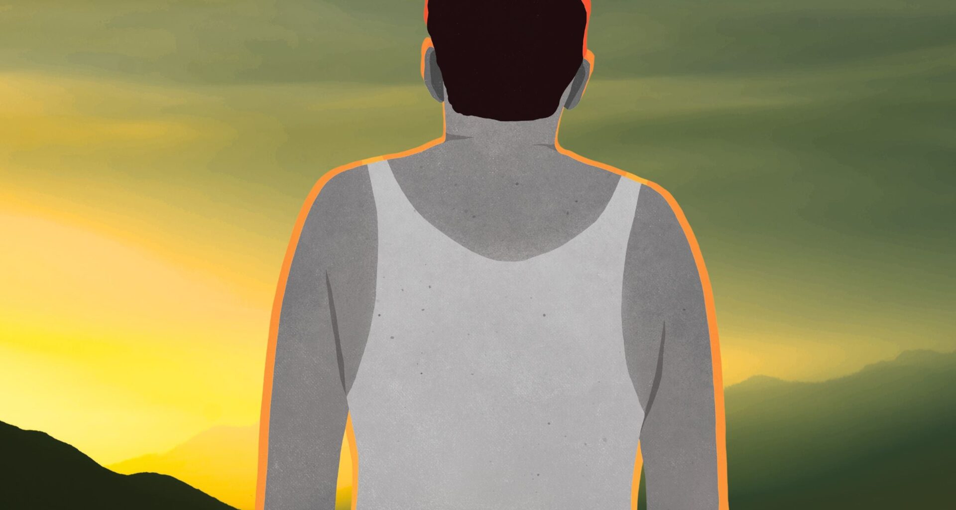 a man in tank top with sunburn in sunny day with gritty mountain background conceptual image to show someone rejecting sunscreen myths