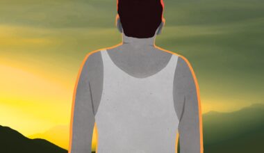 a man in tank top with sunburn in sunny day with gritty mountain background conceptual image to show someone rejecting sunscreen myths